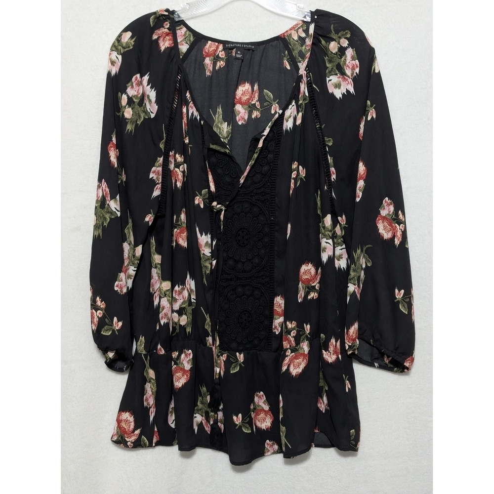 Signature Studio Floral Crochet Lace Blouse Black Pink Boho Peplum Top XL